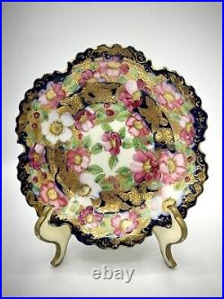Antique Nippon Candy Dish & Serving Bowl Cobalt Hand Painted Cherry Blossoms 2pc