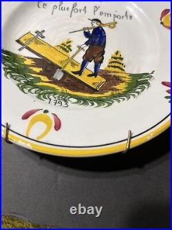 Antique P V French Majolica Set Of 5 Plates Hand Painted 6 5/8 Rooster, Solider