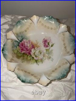 Antique RS Prussia 10 Porcelain Bowl Pink Roses Green Floral Scalloped Gold