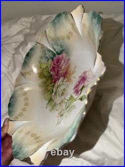 Antique RS Prussia 10 Porcelain Bowl Pink Roses Green Floral Scalloped Gold