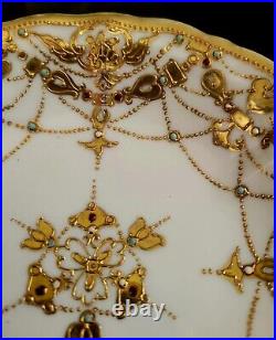 Antique Raised Gold Encrusted Jeweled Punch Bowl 6 Pc Set Nippon Noritake Rare