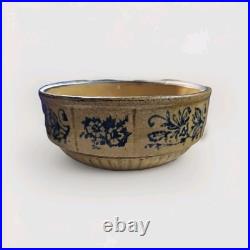 Antique Stoneware Bowl Blue Floral Crackle Glaze Primitive Style Studio Crock