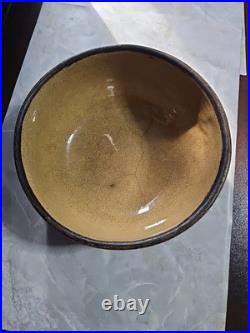 Antique Stoneware Bowl Blue Floral Crackle Glaze Primitive Style Studio Crock