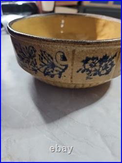 Antique Stoneware Bowl Blue Floral Crackle Glaze Primitive Style Studio Crock