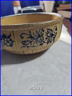 Antique Stoneware Bowl Blue Floral Crackle Glaze Primitive Style Studio Crock