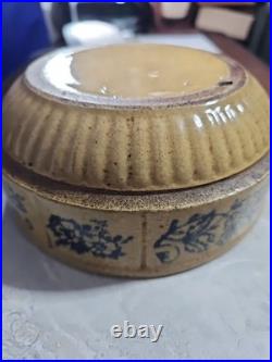 Antique Stoneware Bowl Blue Floral Crackle Glaze Primitive Style Studio Crock