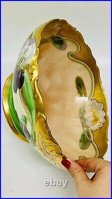 Antique T &V Limoges Handpainted Iris Floral Heavy Gold Trim Bowl, Artist Signed