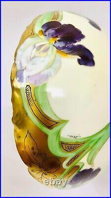 Antique T &V Limoges Handpainted Iris Floral Heavy Gold Trim Bowl, Artist Signed