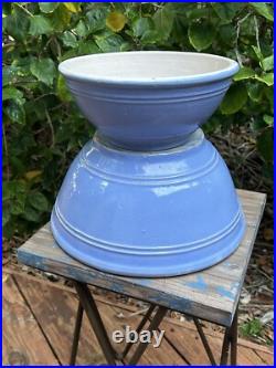 Antique VTG Blue Glaze Yellow Ware Stoneware Pottery Mixing Bowls Pair 12 & 9 In