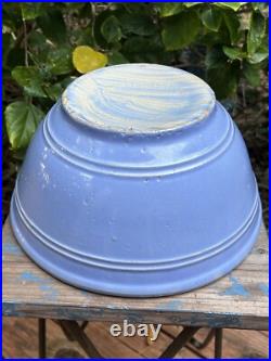 Antique VTG Blue Glaze Yellow Ware Stoneware Pottery Mixing Bowls Pair 12 & 9 In