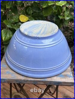 Antique VTG Blue Glaze Yellow Ware Stoneware Pottery Mixing Bowls Pair 12 & 9 In