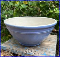 Antique VTG Blue Glaze Yellow Ware Stoneware Pottery Mixing Bowls Pair 12 & 9 In