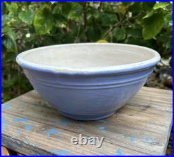 Antique VTG Blue Glaze Yellow Ware Stoneware Pottery Mixing Bowls Pair 12 & 9 In