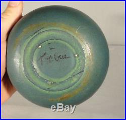 Antique Vintage American Art Pottery Bowl Signed Illegibly Matte Green Glaze