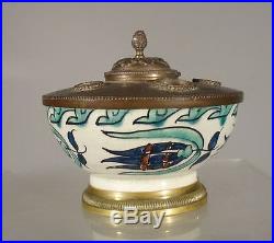 Antique Vintage Bronze Mounted Iznik Pottery Porcelain Inkwell Bowl Gilt