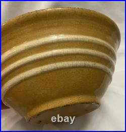 Antique Yellow Ware Mixing Bowl with Three Raised White Bands Rare Stoneware