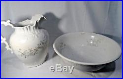 Beautiful Antique Vintage Floral Pitcher and Wash Basin Bowl Set White