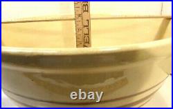 Big Antique 15.5 Yellow Ware Pottery Mixing Bowl Brown Stripe Footed Farmhouse