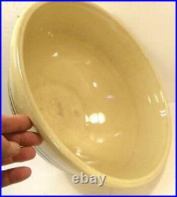 Big Antique 15.5 Yellow Ware Pottery Mixing Bowl Brown Stripe Footed Farmhouse