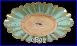 Big Vintage Fulper Art Pottery Bowl Scalloped Edge Crystalline Glaze Aqua Tan