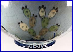 Big Vintage Mexican Tlaquepaque Pottery Scenic Bowl Animals Flowers Plants Man