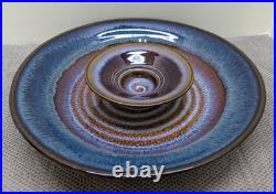 Bill Campbell Art Pottery Vintage Chip Dip Dish Bowl Set Blue Spiral 11 1/2