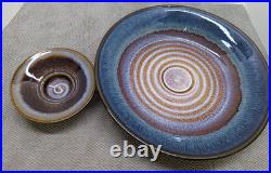 Bill Campbell Art Pottery Vintage Chip Dip Dish Bowl Set Blue Spiral 11 1/2