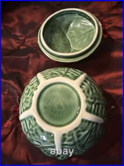 Bordallo Pinheiro Vintage Cabbage Green Glazed Ceramic Lidded Bowl Rare