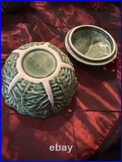 Bordallo Pinheiro Vintage Cabbage Green Glazed Ceramic Lidded Bowl Rare