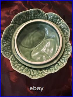 Bordallo Pinheiro Vintage Cabbage Green Glazed Ceramic Lidded Bowl Rare
