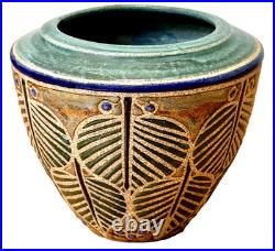 Cathra Anne Barker Santa Fe Studio Art Pottery Leaf Design Vessel Bowl Vase Vtg
