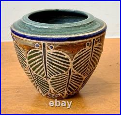 Cathra Anne Barker Santa Fe Studio Art Pottery Leaf Design Vessel Bowl Vase Vtg