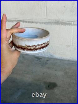 Ceramic Small Bowl White Glaze Brown Textured Drip Band Mid-Century Modern 1970s
