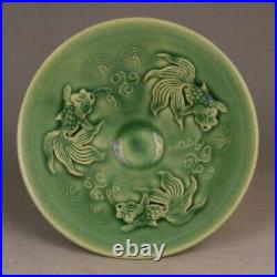 Chinese Antique Green Relief Koi Bowl Porcelain Song Dynasty Vintage Pottery-JIZ