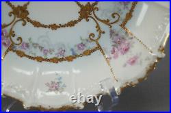 Coiffe Limoges Pink Rose Blue Forget Me Nots Raised Beaded Gold 9 1/2 Inch Bowl