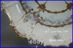 Coiffe Limoges Pink Rose Blue Forget Me Nots Raised Beaded Gold 9 1/2 Inch Bowl