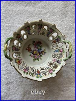 Dresden Reticulated Porcelain Bowl Applied Flowers Hand Painted Gold Gilt