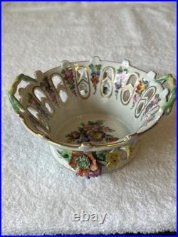 Dresden Reticulated Porcelain Bowl Applied Flowers Hand Painted Gold Gilt