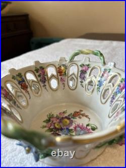 Dresden Reticulated Porcelain Bowl Applied Flowers Hand Painted Gold Gilt