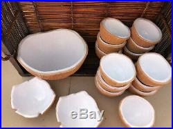 Ed Langbein Italy Coconut 16 Piece Serving Bowl Cups Pottery Brown White Vintage