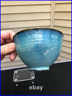 Edwin & Mary Scheier Early Signed Blue Glazed Studio Footed Pottery Bowl