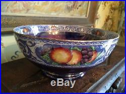 English Blue Luster Bowl Fruit Design Vintage Lovely