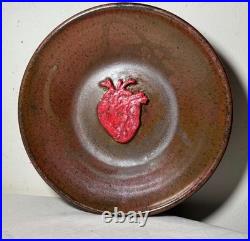 Exquisite vintage handmade Cindy dimensional heart brown glazed pottery bowl