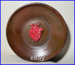 Exquisite vintage handmade Cindy dimensional heart brown glazed pottery bowl