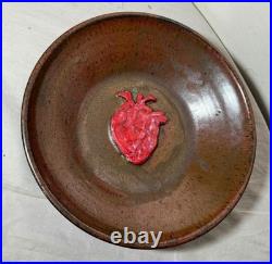 Exquisite vintage handmade Cindy dimensional heart brown glazed pottery bowl