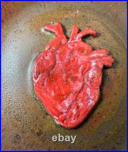 Exquisite vintage handmade Cindy dimensional heart brown glazed pottery bowl