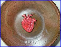 Exquisite vintage handmade Cindy dimensional heart brown glazed pottery bowl