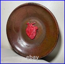 Exquisite vintage handmade Cindy dimensional heart brown glazed pottery bowl