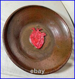 Exquisite vintage handmade Cindy dimensional heart brown glazed pottery bowl