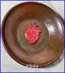 Exquisite vintage handmade Cindy dimensional heart brown glazed pottery bowl